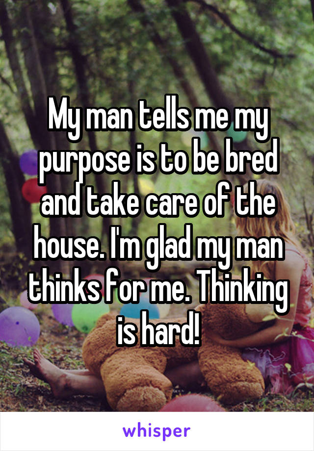 My man tells me my purpose is to be bred and take care of the house. I'm glad my man thinks for me. Thinking is hard!