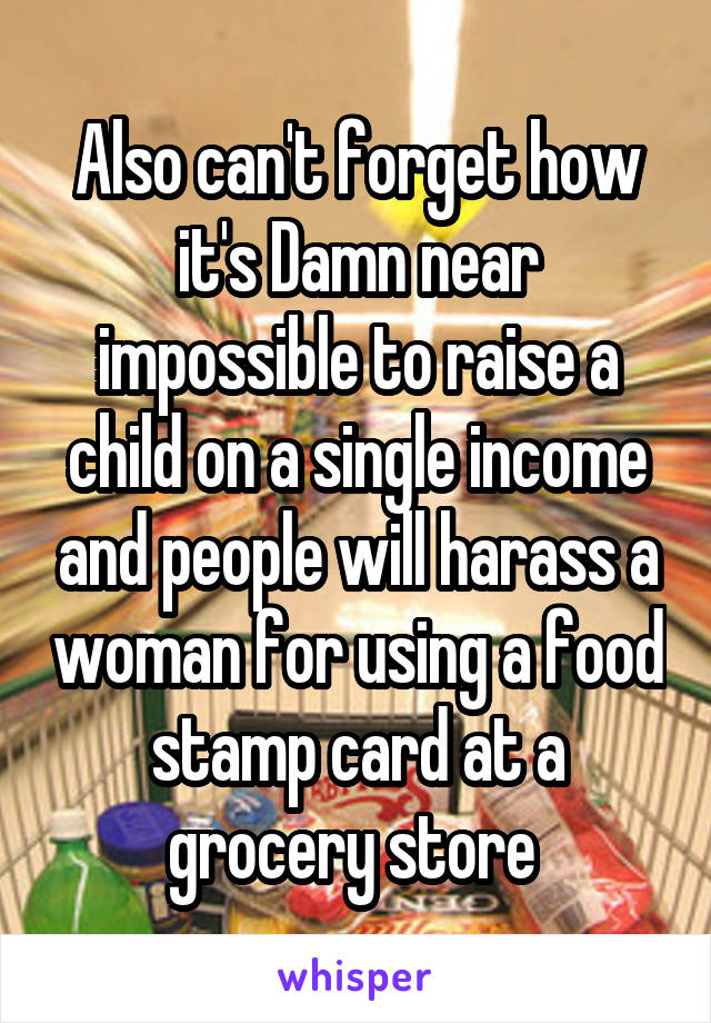Also can't forget how it's Damn near impossible to raise a child on a single income and people will harass a woman for using a food stamp card at a grocery store 