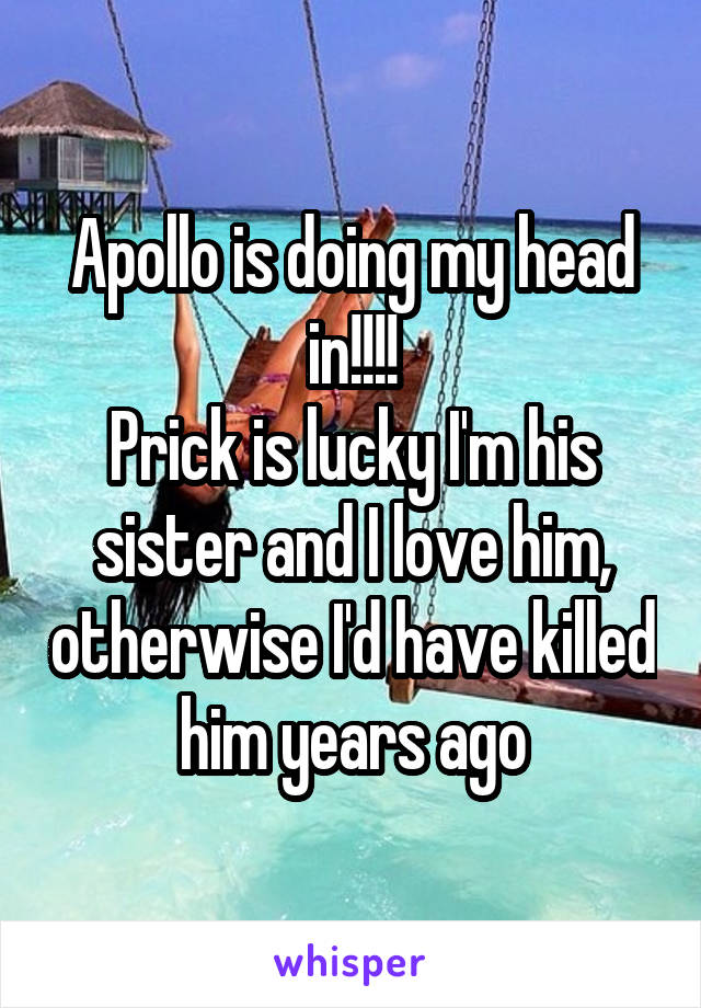 Apollo is doing my head in!!!!
Prick is lucky I'm his sister and I love him, otherwise I'd have killed him years ago