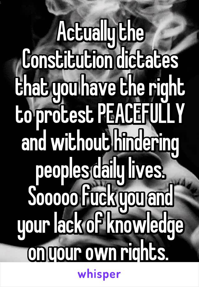 Actually the Constitution dictates that you have the right to protest PEACEFULLY and without hindering peoples daily lives. Sooooo fuck you and your lack of knowledge on your own rights. 