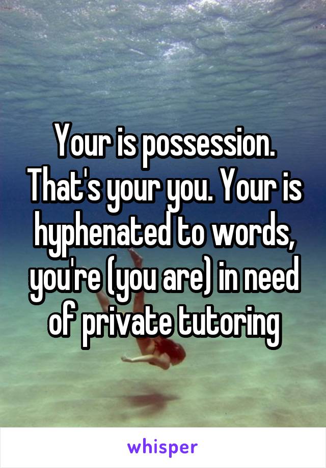 Your is possession. That's your you. Your is hyphenated to words, you're (you are) in need of private tutoring