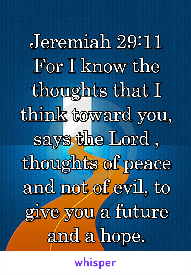 Jeremiah 29:11
For I know the thoughts that I think toward you, says the Lord , thoughts of peace and not of evil, to give you a future and a hope.