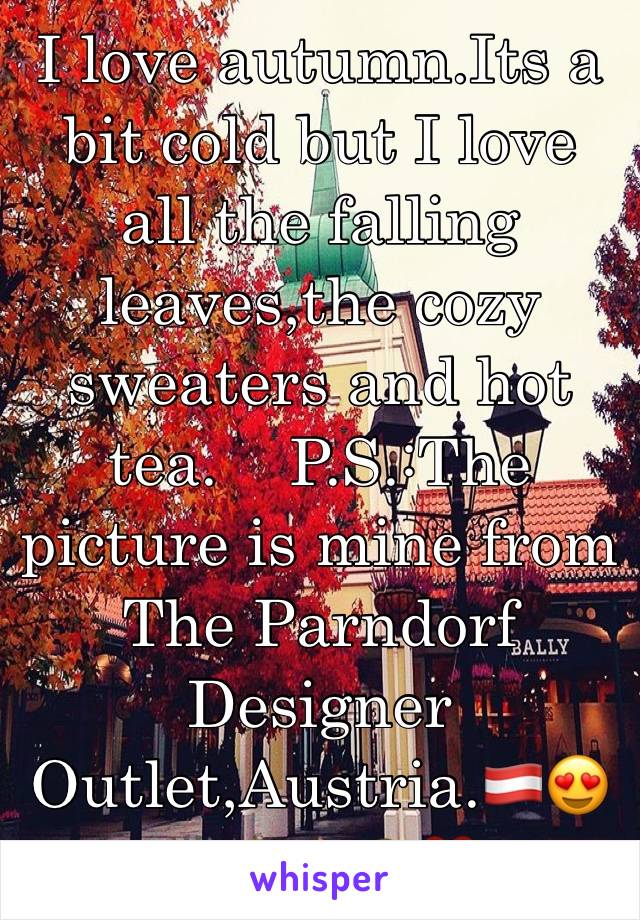 I love autumn.Its a bit cold but I love all the falling leaves,the cozy sweaters and hot tea.    P.S.:The picture is mine from The Parndorf Designer Outlet,Austria.🇦🇹😍🙌🏻🍂🍁🙈❤️