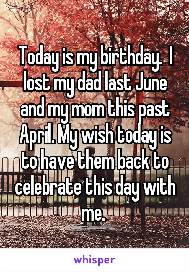Today is my birthday.  I lost my dad last June and my mom this past April. My wish today is to have them back to celebrate this day with me. 