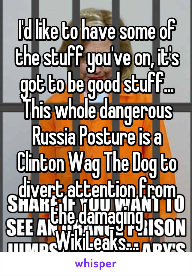 I'd like to have some of the stuff you've on, it's got to be good stuff...
This whole dangerous Russia Posture is a Clinton Wag The Dog to divert attention from the damaging WikiLeaks....