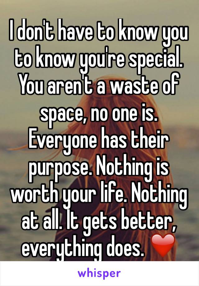 I don't have to know you to know you're special. You aren't a waste of space, no one is. Everyone has their purpose. Nothing is worth your life. Nothing at all. It gets better, everything does. ❤️