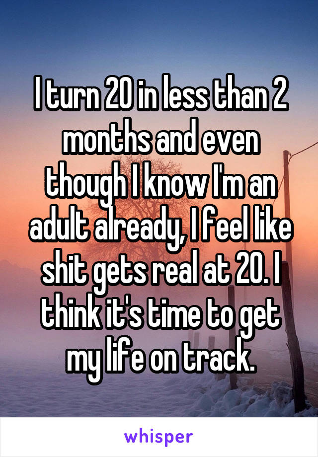 I turn 20 in less than 2 months and even though I know I'm an adult already, I feel like shit gets real at 20. I think it's time to get my life on track.