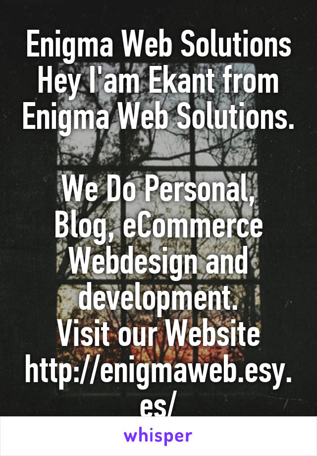 Enigma Web Solutions
Hey I'am Ekant from Enigma Web Solutions. 
We Do Personal, Blog, eCommerce Webdesign and development.
Visit our Website http://enigmaweb.esy.es/
