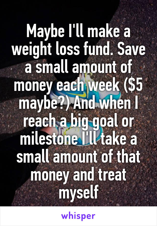 Maybe I'll make a weight loss fund. Save a small amount of money each week ($5 maybe?) And when I reach a big goal or milestone I'll take a small amount of that money and treat myself