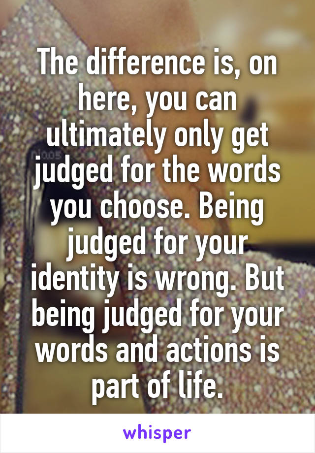 The difference is, on here, you can ultimately only get judged for the words you choose. Being judged for your identity is wrong. But being judged for your words and actions is part of life.