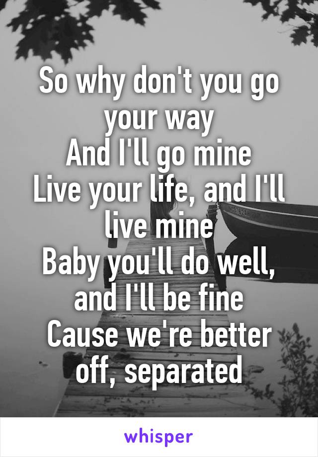So why don't you go your way
And I'll go mine
Live your life, and I'll live mine
Baby you'll do well, and I'll be fine
Cause we're better off, separated