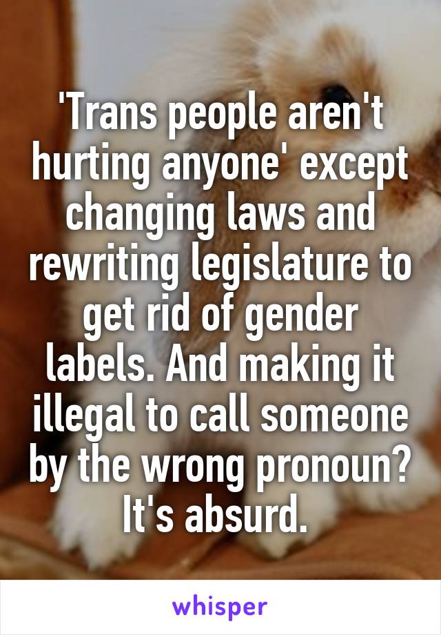 'Trans people aren't hurting anyone' except changing laws and rewriting legislature to get rid of gender labels. And making it illegal to call someone by the wrong pronoun? It's absurd. 