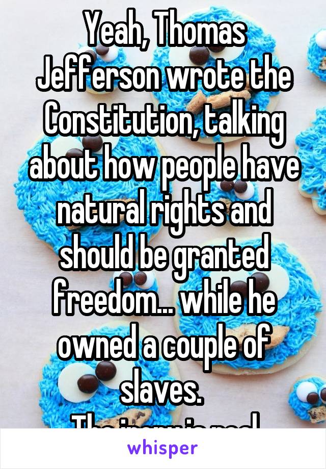 Yeah, Thomas Jefferson wrote the Constitution, talking about how people have natural rights and should be granted freedom... while he owned a couple of slaves. 
The irony is real