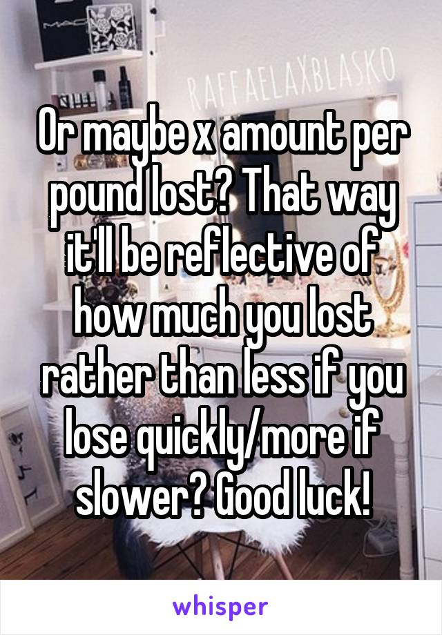 Or maybe x amount per pound lost? That way it'll be reflective of how much you lost rather than less if you lose quickly/more if slower? Good luck!