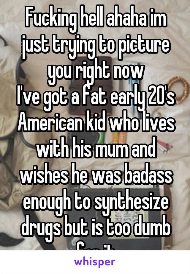 Fucking hell ahaha im just trying to picture you right now
I've got a fat early 20's American kid who lives with his mum and wishes he was badass enough to synthesize drugs but is too dumb for it