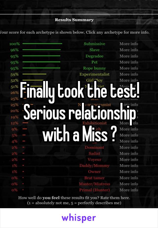 Finally took the test!
Serious relationship with a Miss ?