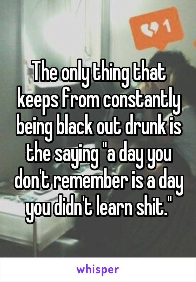 The only thing that keeps from constantly being black out drunk is the saying "a day you don't remember is a day you didn't learn shit."