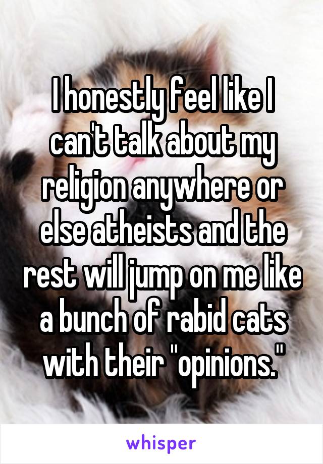 I honestly feel like I can't talk about my religion anywhere or else atheists and the rest will jump on me like a bunch of rabid cats with their "opinions."