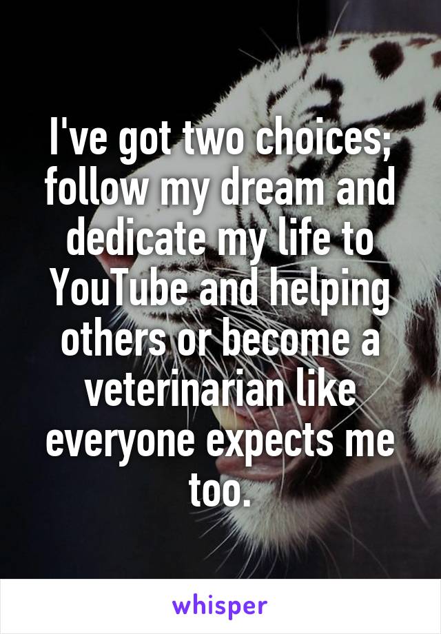 I've got two choices; follow my dream and dedicate my life to YouTube and helping others or become a veterinarian like everyone expects me too.