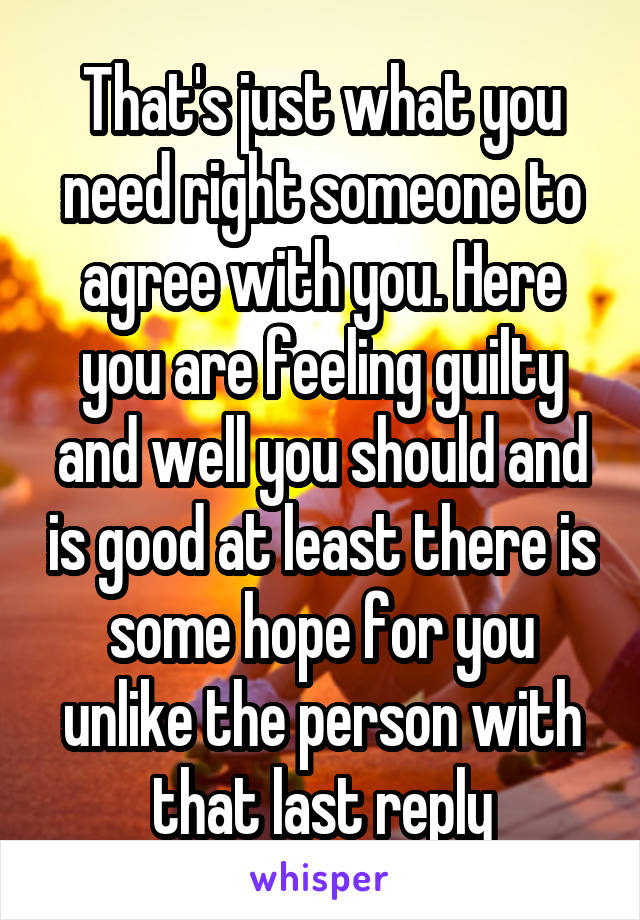 That's just what you need right someone to agree with you. Here you are feeling guilty and well you should and is good at least there is some hope for you unlike the person with that last reply