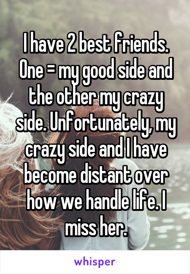 I have 2 best friends. One = my good side and the other my crazy side. Unfortunately, my crazy side and I have become distant over how we handle life. I miss her.