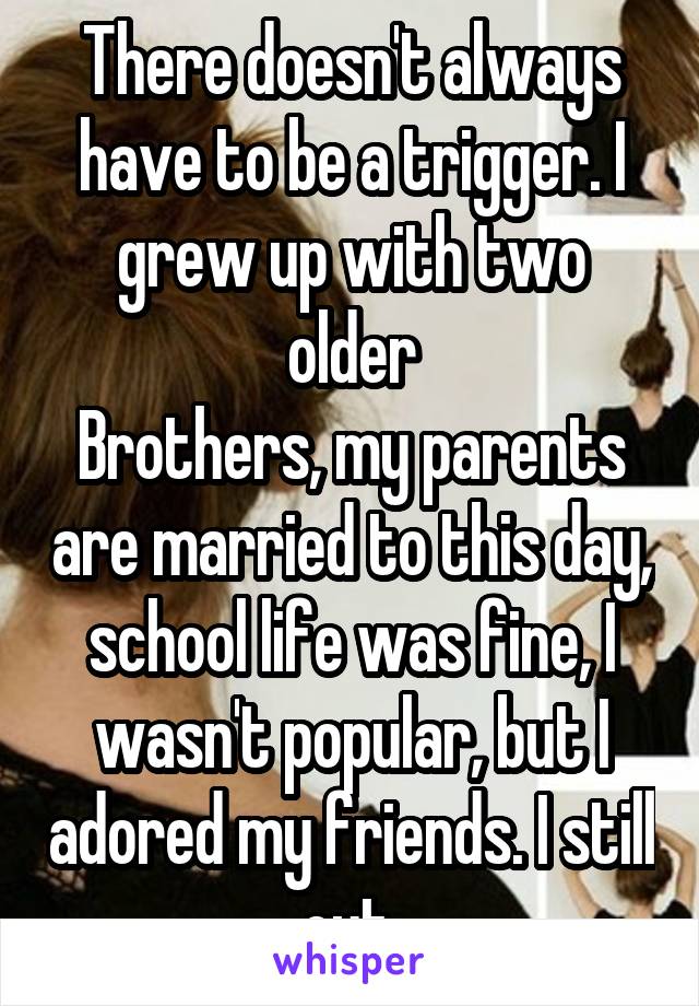 There doesn't always have to be a trigger. I grew up with two older
Brothers, my parents are married to this day, school life was fine, I wasn't popular, but I adored my friends. I still cut.