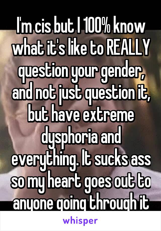 I'm cis but I 100% know what it's like to REALLY question your gender, and not just question it, but have extreme dysphoria and everything. It sucks ass so my heart goes out to anyone going through it