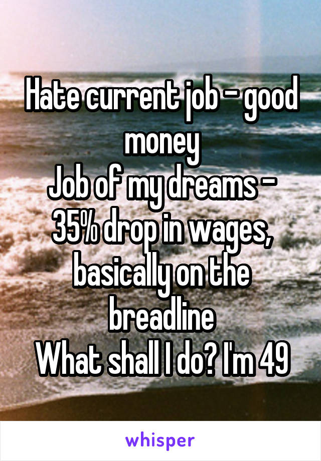 Hate current job - good money
Job of my dreams - 35% drop in wages, basically on the breadline
What shall I do? I'm 49