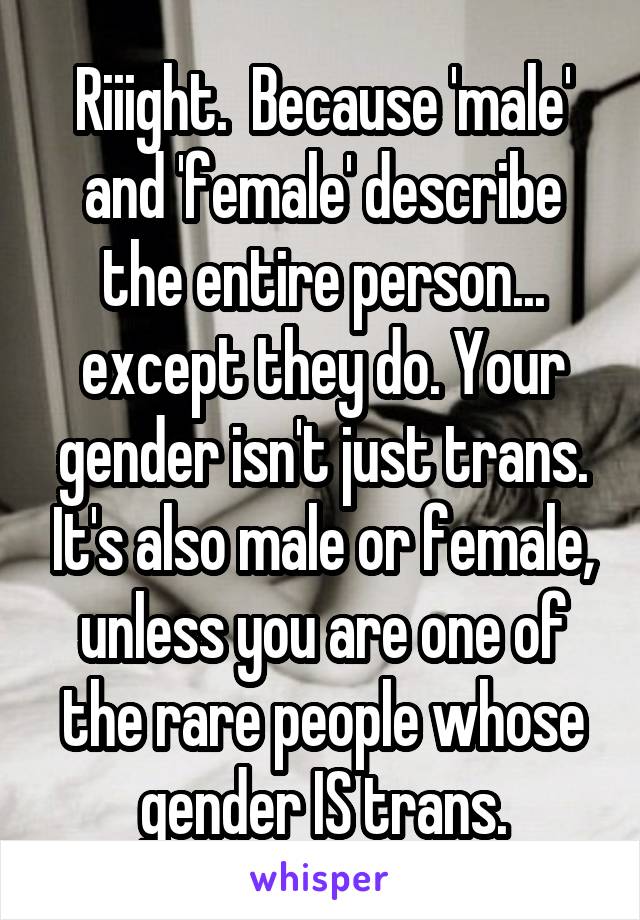 Riiight.  Because 'male' and 'female' describe the entire person... except they do. Your gender isn't just trans. It's also male or female, unless you are one of the rare people whose gender IS trans.