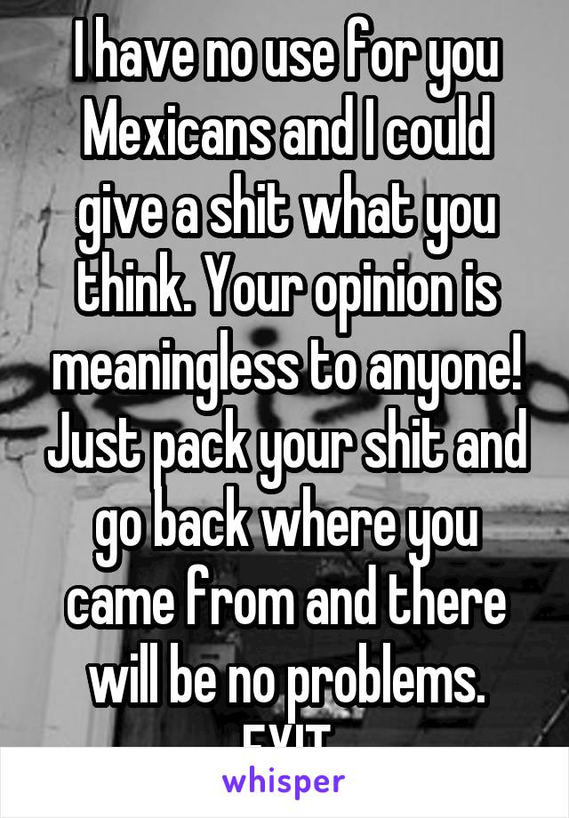 I have no use for you Mexicans and I could give a shit what you think. Your opinion is meaningless to anyone! Just pack your shit and go back where you came from and there will be no problems. EXIT