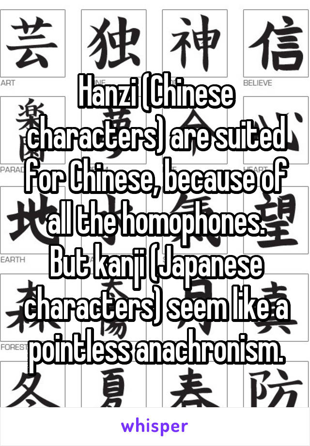 Hanzi (Chinese characters) are suited for Chinese, because of all the homophones.
But kanji (Japanese characters) seem like a pointless anachronism.