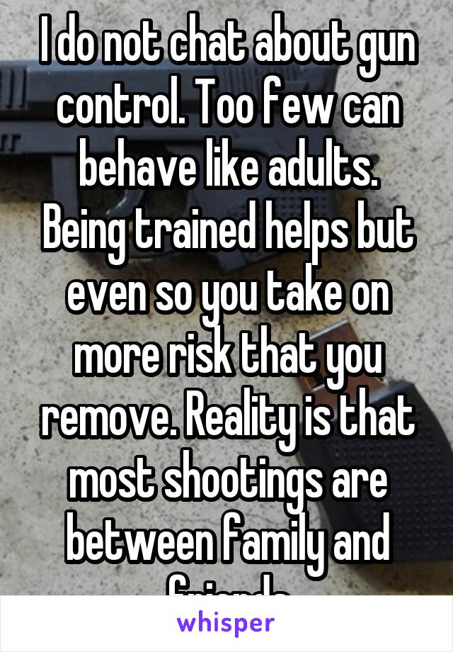 I do not chat about gun control. Too few can behave like adults.
Being trained helps but even so you take on more risk that you remove. Reality is that most shootings are between family and friends