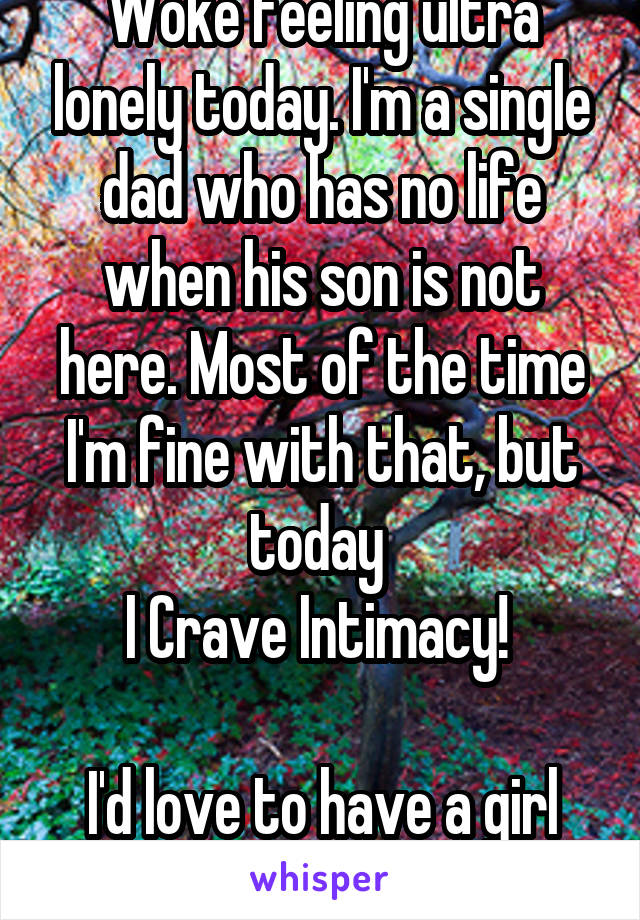 Woke feeling ultra lonely today. I'm a single dad who has no life when his son is not here. Most of the time I'm fine with that, but today 
I Crave Intimacy! 

I'd love to have a girl lying here w/ me