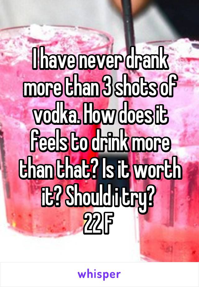 I have never drank more than 3 shots of vodka. How does it feels to drink more than that? Is it worth it? Should i try? 
22 F 