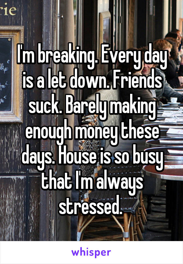 I'm breaking. Every day is a let down. Friends suck. Barely making enough money these days. House is so busy that I'm always stressed. 