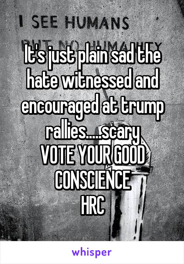 It's just plain sad the hate witnessed and encouraged at trump rallies.....scary
VOTE YOUR GOOD CONSCIENCE
HRC
