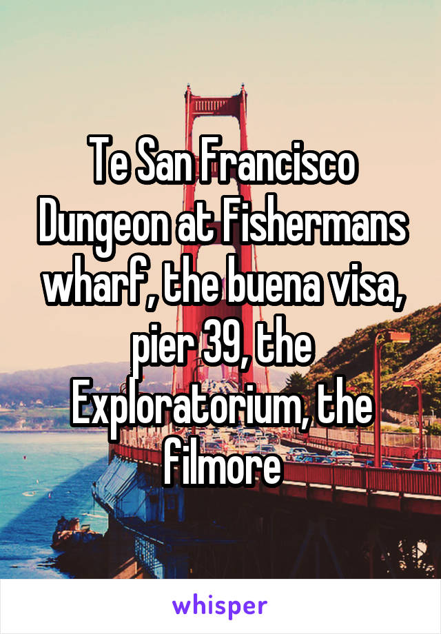 Te San Francisco Dungeon at Fishermans wharf, the buena visa, pier 39, the Exploratorium, the filmore