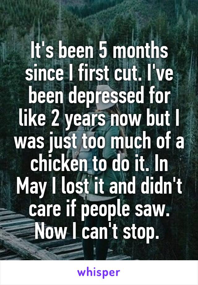 It's been 5 months since I first cut. I've been depressed for like 2 years now but I was just too much of a chicken to do it. In May I lost it and didn't care if people saw. Now I can't stop. 