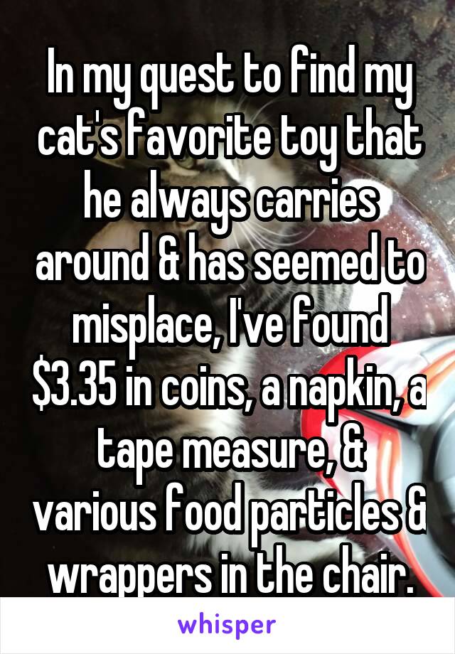 In my quest to find my cat's favorite toy that he always carries around & has seemed to misplace, I've found $3.35 in coins, a napkin, a tape measure, & various food particles & wrappers in the chair.