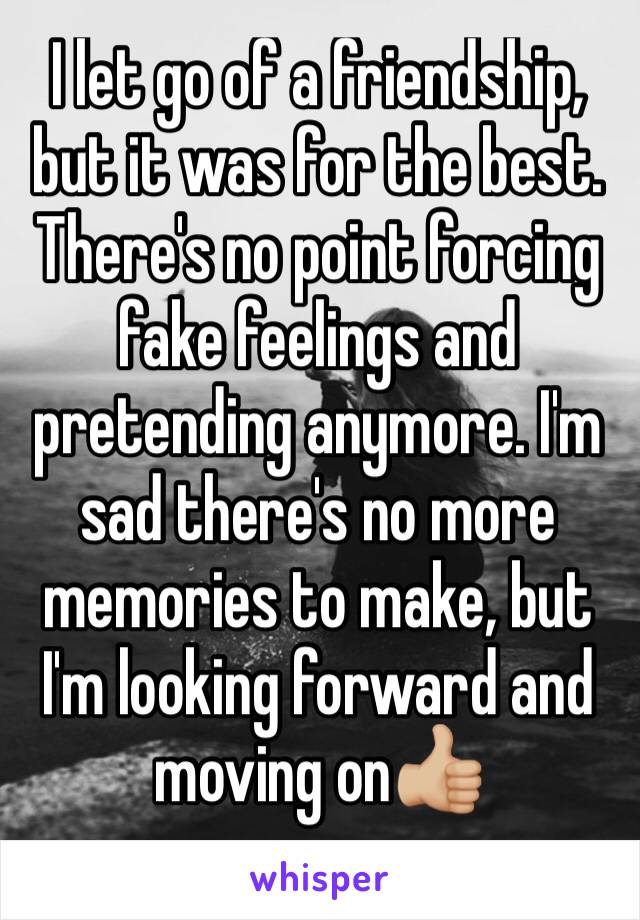I let go of a friendship, but it was for the best. There's no point forcing fake feelings and pretending anymore. I'm sad there's no more memories to make, but I'm looking forward and moving on👍🏼