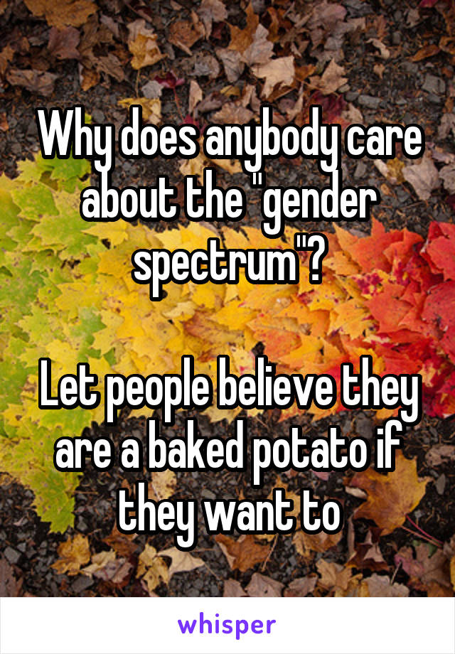 Why does anybody care about the "gender spectrum"?

Let people believe they are a baked potato if they want to