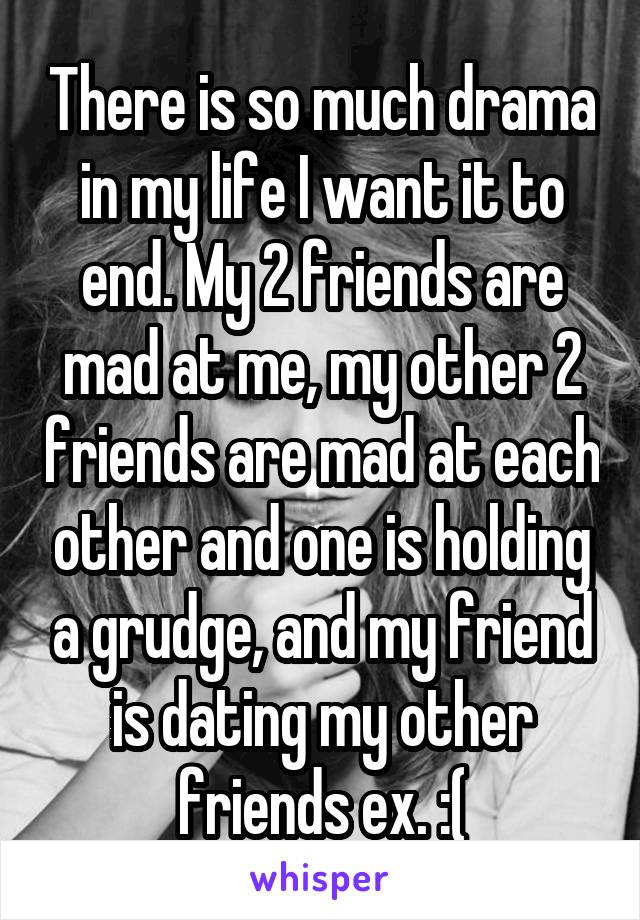 There is so much drama in my life I want it to end. My 2 friends are mad at me, my other 2 friends are mad at each other and one is holding a grudge, and my friend is dating my other friends ex. :(