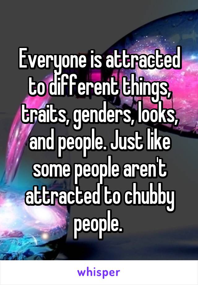 Everyone is attracted to different things, traits, genders, looks, and people. Just like some people aren't attracted to chubby people. 