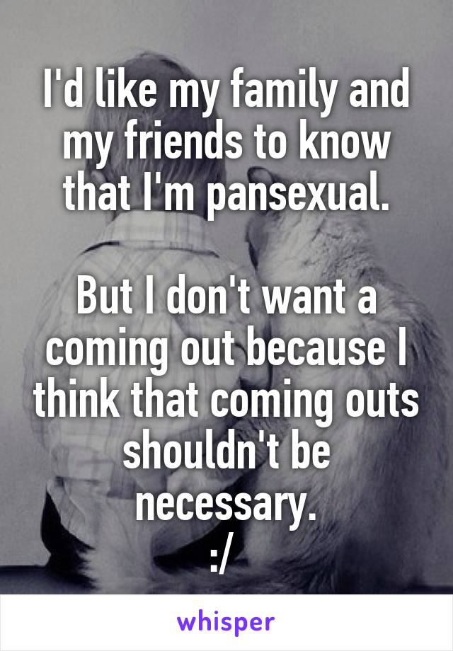 I'd like my family and my friends to know that I'm pansexual.

But I don't want a coming out because I think that coming outs shouldn't be necessary.
:/ 