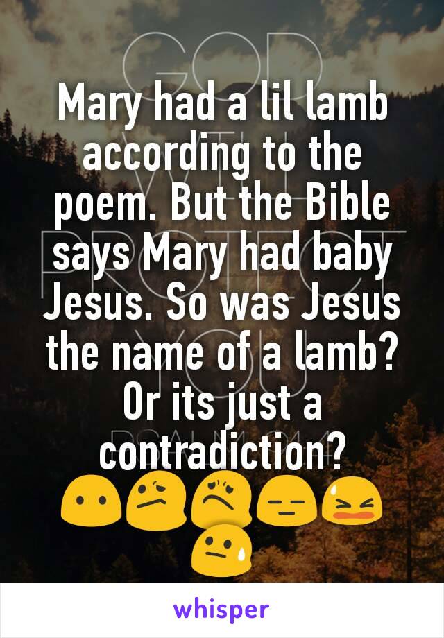 Mary had a lil lamb according to the poem. But the Bible says Mary had baby Jesus. So was Jesus the name of a lamb?
Or its just a contradiction?
😶😕😟😑😫😓