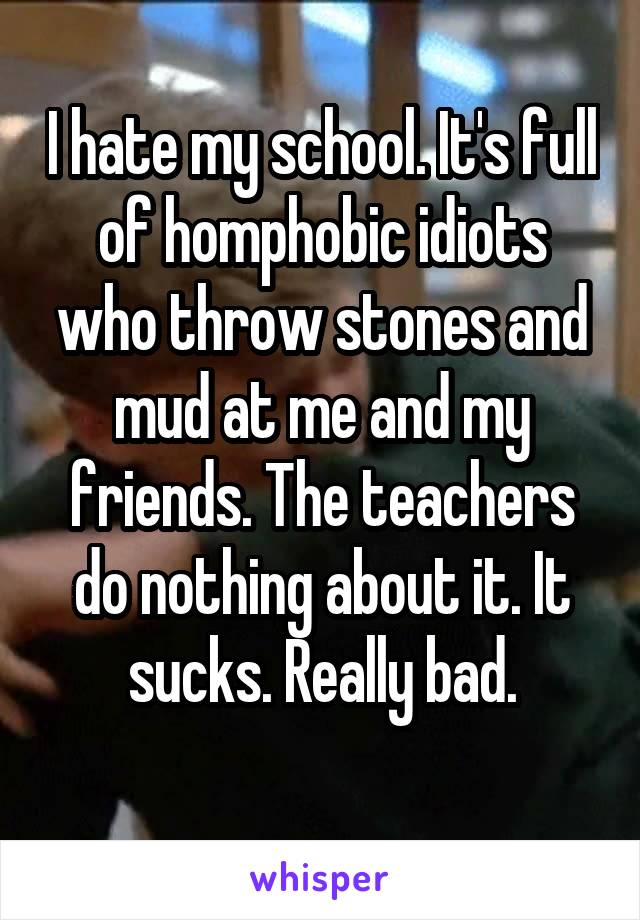I hate my school. It's full of homphobic idiots who throw stones and mud at me and my friends. The teachers do nothing about it. It sucks. Really bad.
