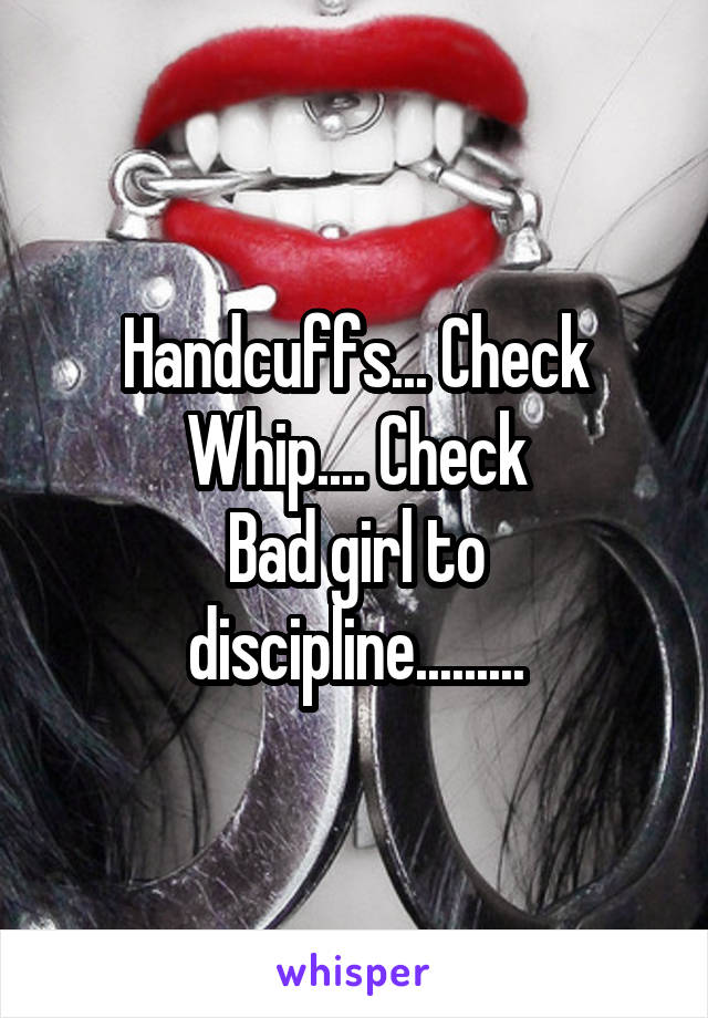 Handcuffs... Check
Whip.... Check
Bad girl to discipline.........