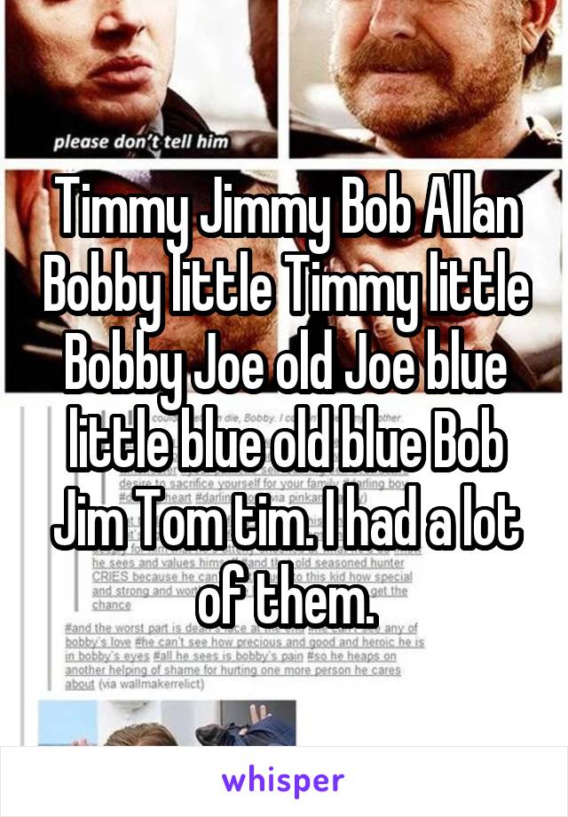 Timmy Jimmy Bob Allan Bobby little Timmy little Bobby Joe old Joe blue little blue old blue Bob Jim Tom tim. I had a lot of them.