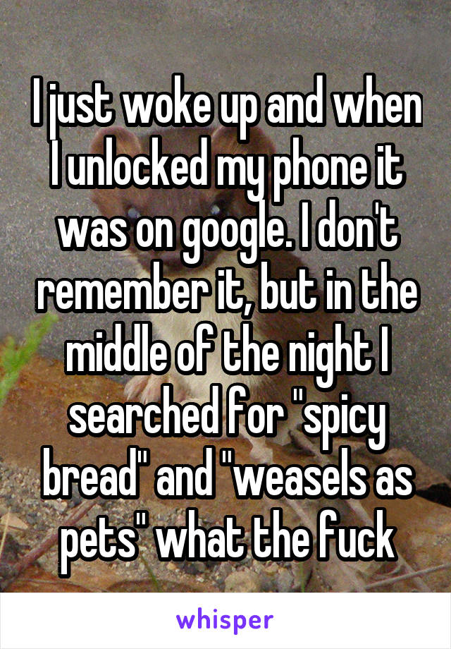 I just woke up and when I unlocked my phone it was on google. I don't remember it, but in the middle of the night I searched for "spicy bread" and "weasels as pets" what the fuck