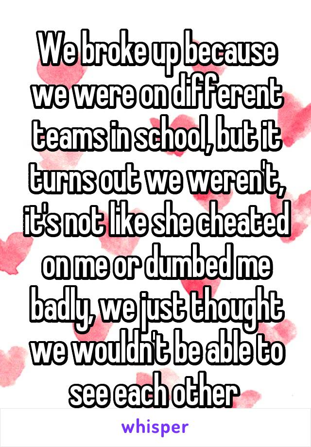 We broke up because we were on different teams in school, but it turns out we weren't, it's not like she cheated on me or dumbed me badly, we just thought we wouldn't be able to see each other 